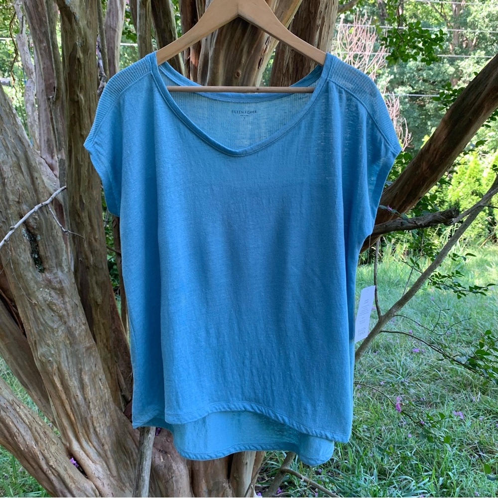 Eileen Fisher Organic Jersey Linen Cap Sleeve Top in Seafoam Blue
